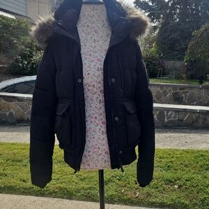 Superdry Black Puffer Jacket with Fur Hood